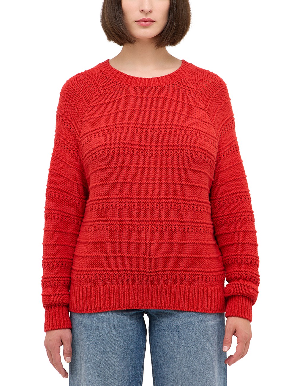 Pulover Silas roșu aprins, față, guler rotund simplu și tricot cu dungi în relief