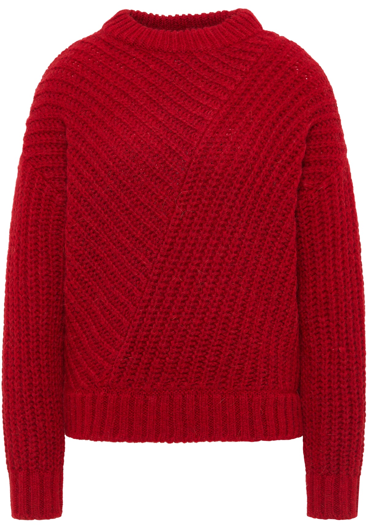 Pulover Relaxed Erin roșu, față, tricot gros cu striații diagonale, guler înalt