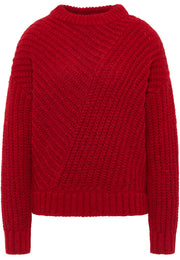 Pulover Relaxed Erin roșu, față, tricot gros cu striații diagonale, guler înalt