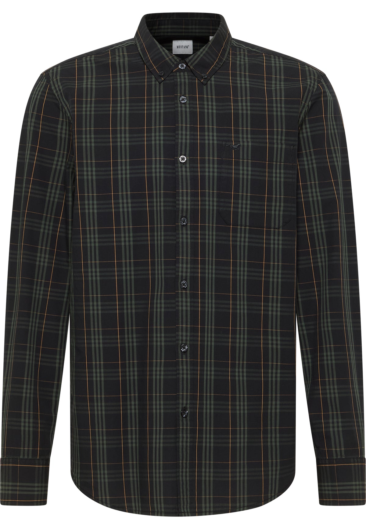 Cămașă Chester carouri tartan verde închis, față, guler cu nasturi și buzunar la piept cu logo brodat