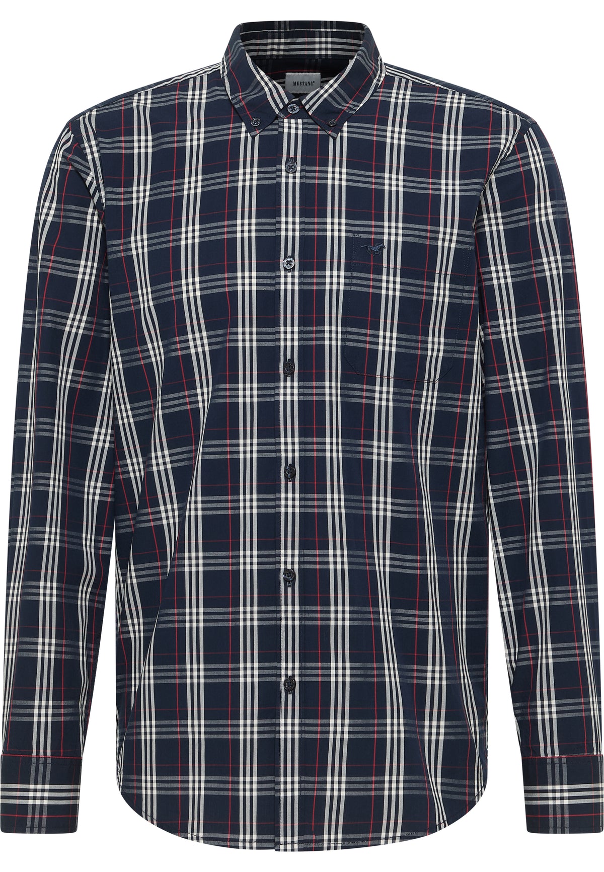 Cămașă Chester carouri tartan bleumarin, față, guler cu nasturi și buzunar la piept cu logo brodat