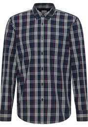 Cămașă Chester carouri tartan bleumarin, față, guler cu nasturi și buzunar la piept cu logo brodat