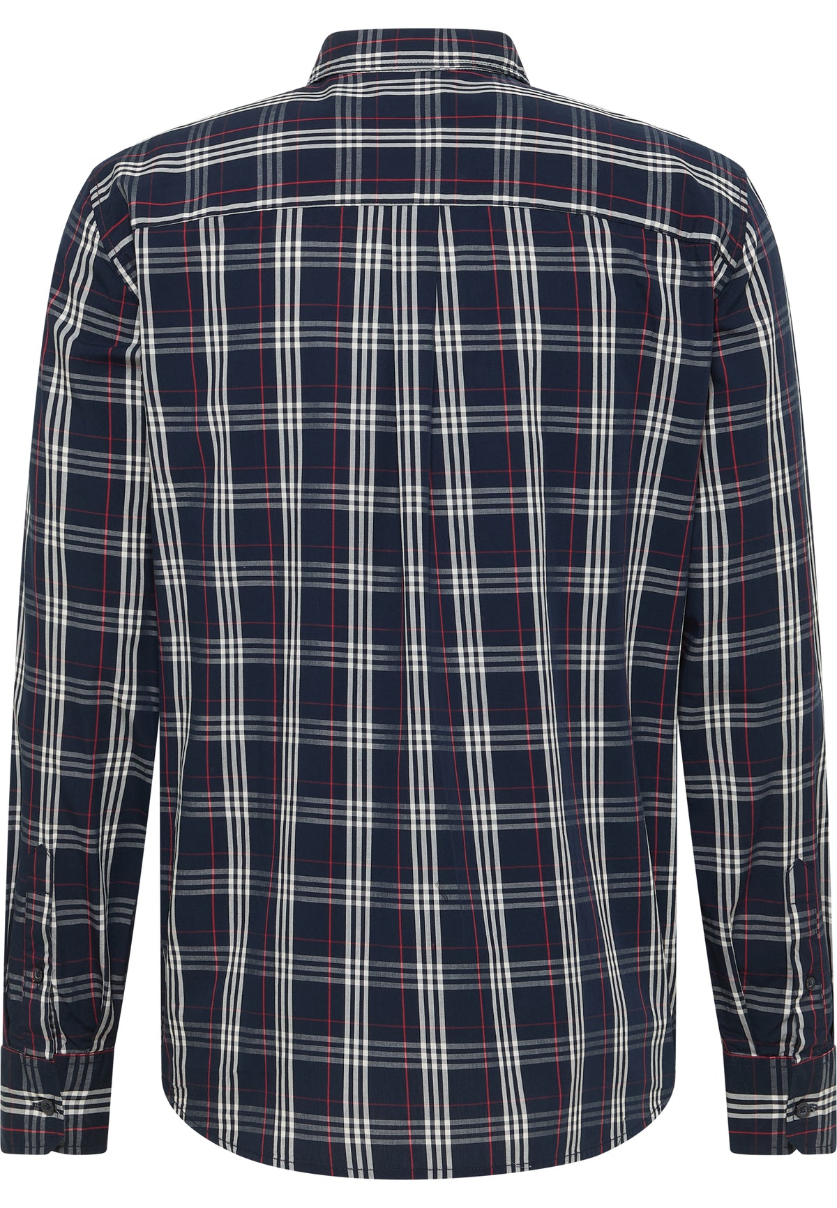 Cămașă Chester carouri tartan bleumarin, spate, pliu central sub guler și manșete cu nasturi