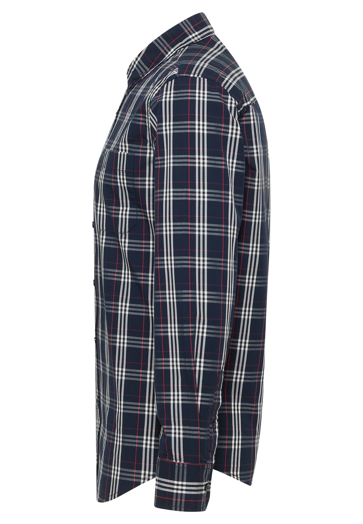 Cămașă Chester carouri tartan bleumarin, lateral, buzunar la piept și mânecă lungă cu manșetă