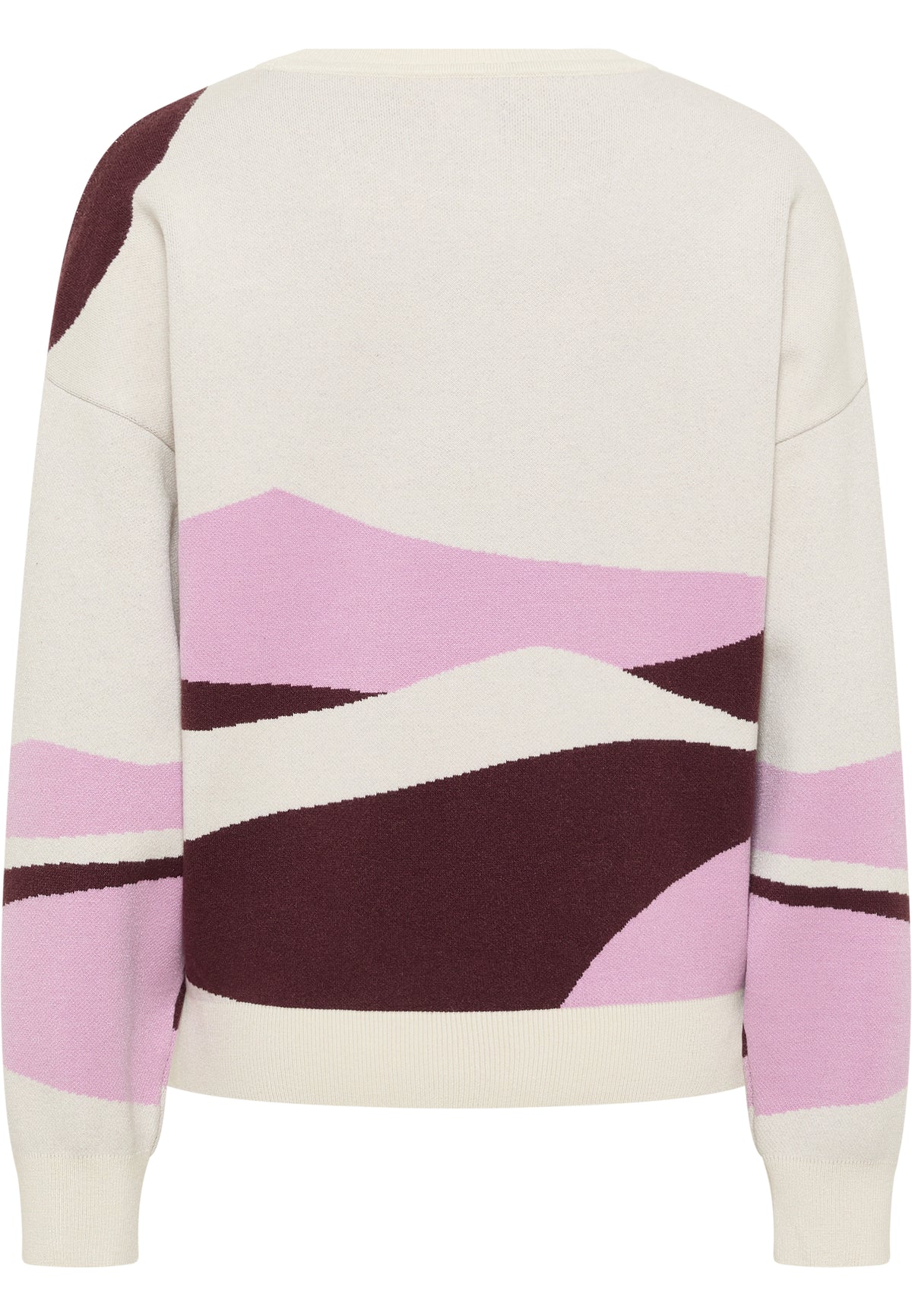 Pulover Donna ivoriu, spate, imprimeu abstract cu forme bordo și roz pe fond crem