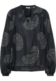Cămașă Feminine negru, față, imprimeu paisley, decolteu în V cu crăpătură mică