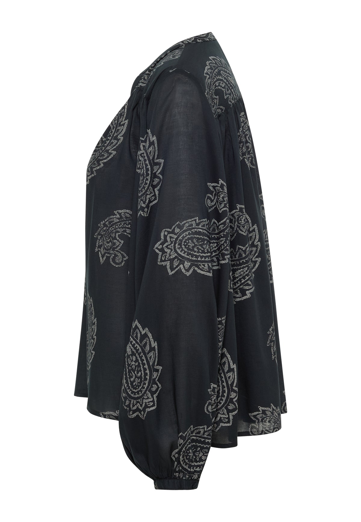 Cămașă Feminine negru, lateral, mânecă bufantă cu manșetă elastică, imprimeu paisley