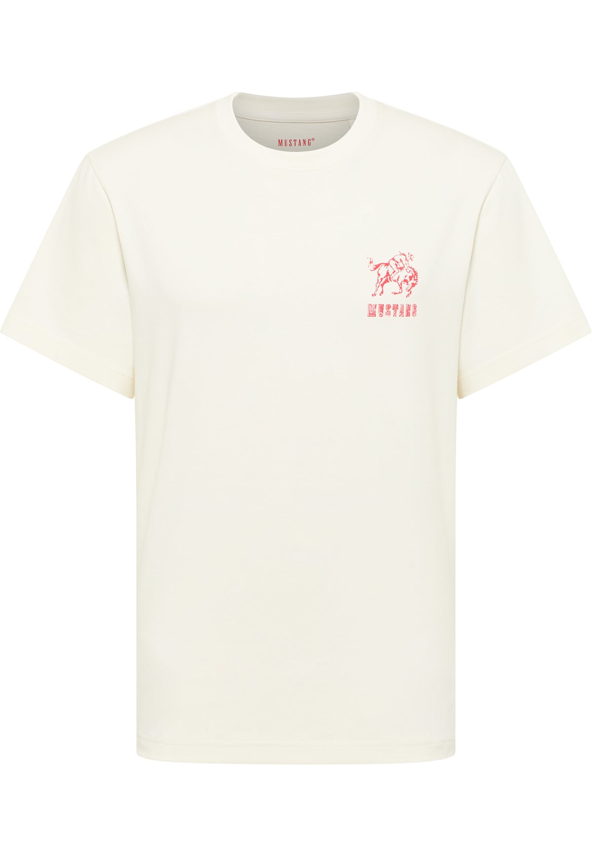 Tricou Akron alb crem, față, siglă mică cu cal și textul "MUSTANG" pe piept