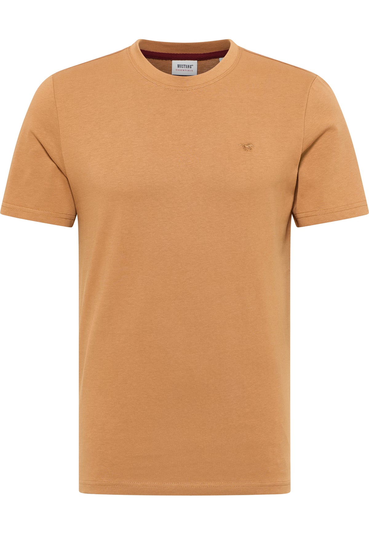 Tricou Austin bej, față, guler rotund cu bandă bordo-bej la interior și logo brodat cu calul pe piept