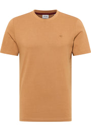 Tricou Austin bej, față, guler rotund cu bandă bordo-bej la interior și logo brodat cu calul pe piept