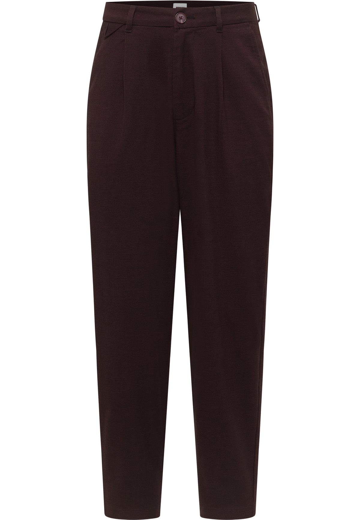 Pantaloni Barrel bordo, față, croi larg în talie cu pense, strâmt spre gleznă