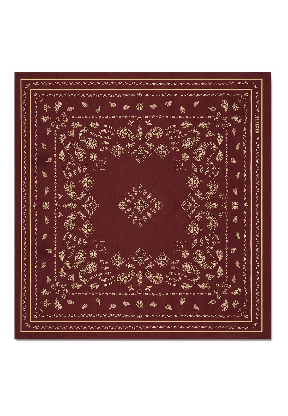 Bandană Sunrise bordo, detaliu, desfăcută complet, imprimeu paisley și bordură florală