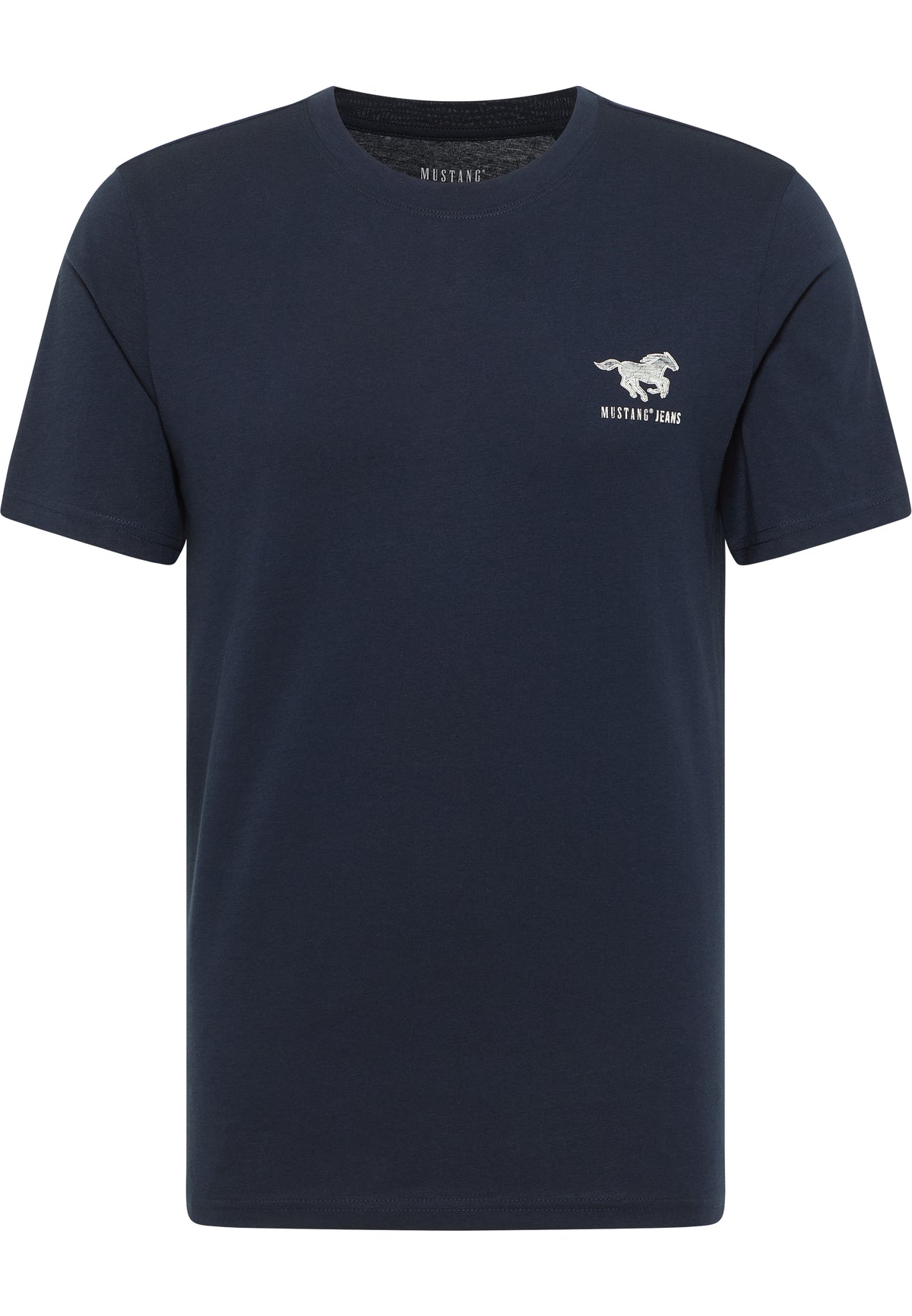 Tricou Austin albastru închis, față, imprimeu cu cal în alergare și inscripția Mustang Jeans pe piept