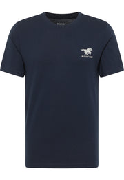 Tricou Austin albastru închis, față, imprimeu cu cal în alergare și inscripția Mustang Jeans pe piept