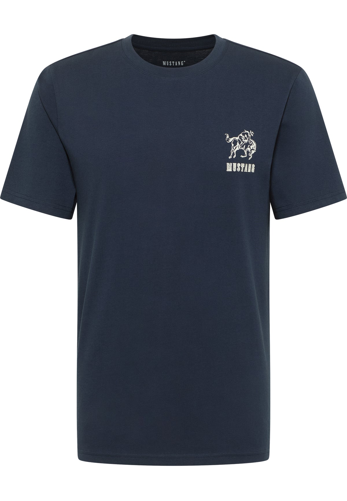 Tricou Austin albastru închis, față, logo mic cu grafică de cal și textul Mustang pe piept