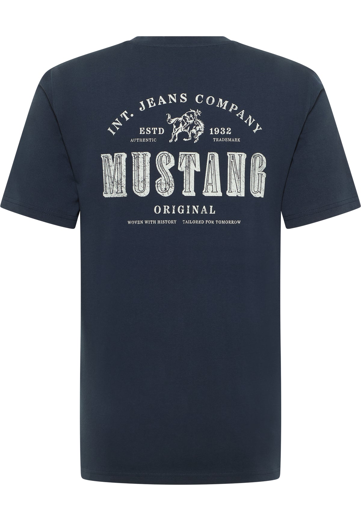 Tricou Austin albastru închis, spate, imprimeu mare cu textul Int. Jeans Company, Mustang Original și grafică de cal