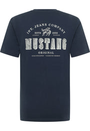 Tricou Austin albastru închis, spate, imprimeu mare cu textul Int. Jeans Company, Mustang Original și grafică de cal