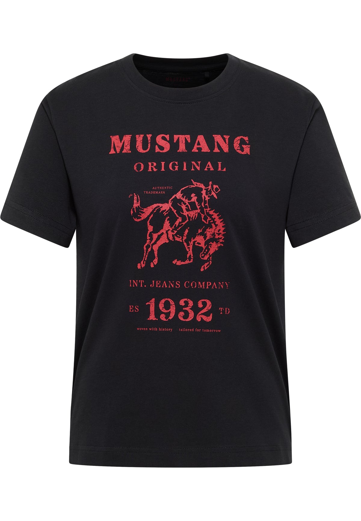 Tricou Relaxed Floris negru, față, imprimeu mare „Mustang Original” cu ilustrație cal și călăreț