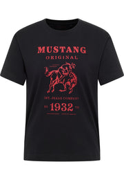 Tricou Relaxed Floris negru, față, imprimeu mare „Mustang Original” cu ilustrație cal și călăreț