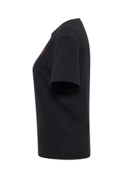 Tricou Relaxed Floris negru, lateral, croi relaxat, se vede marginea imprimeului de pe piept