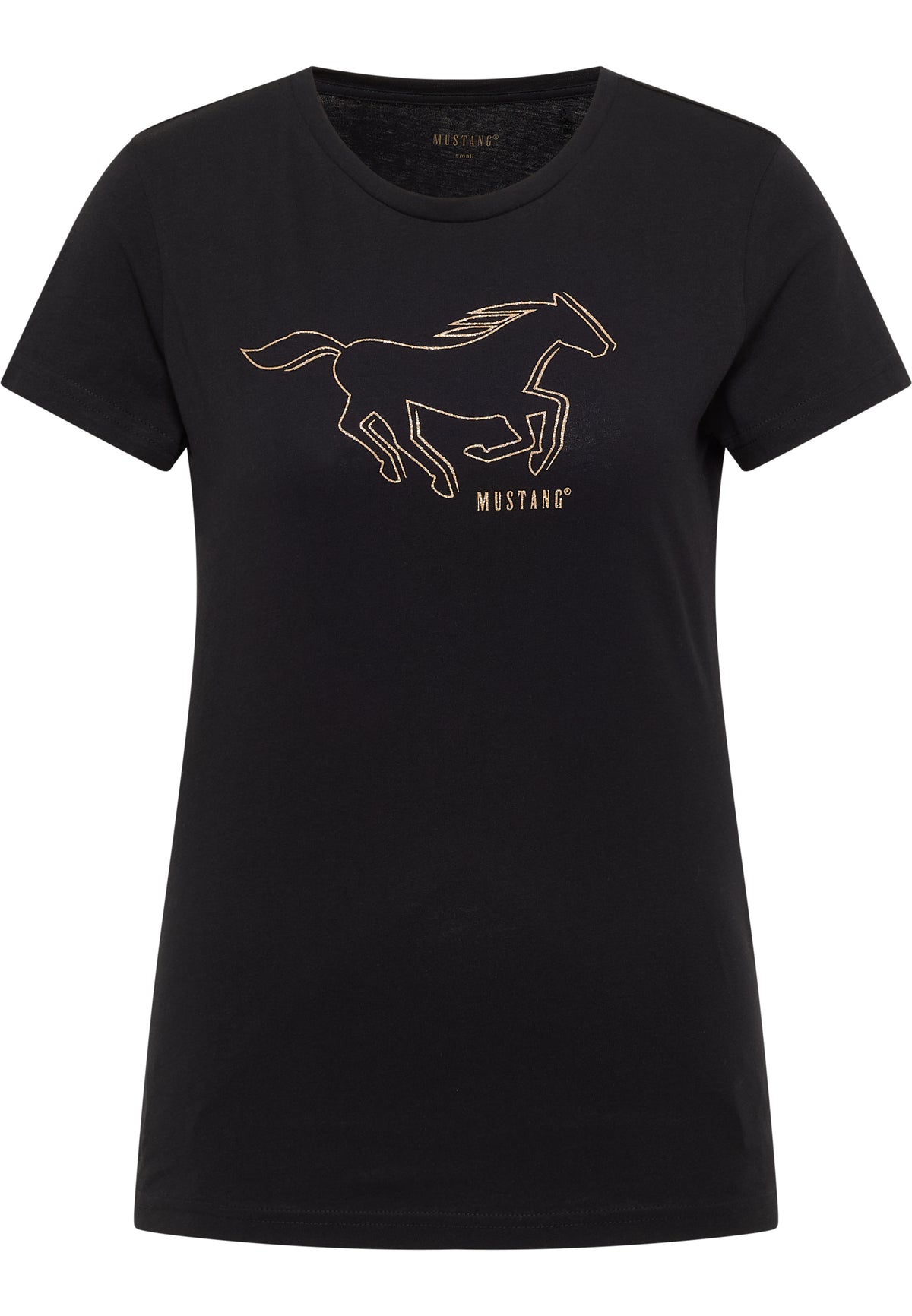 Tricou Loa negru, față, imprimeu auriu cu siluetă de cal în alergare și inscripția Mustang pe piept