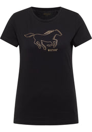 Tricou Loa negru, față, imprimeu auriu cu siluetă de cal în alergare și inscripția Mustang pe piept