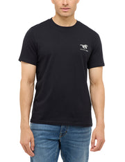 Tricou Austin negru, față, prim-plan cu imprimeu cal în alergare și inscripția Mustang Jeans