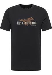 Tricou Austin negru, față, imprimeu cu cal în galop și textul „MUSTANG JEANS” pe piept