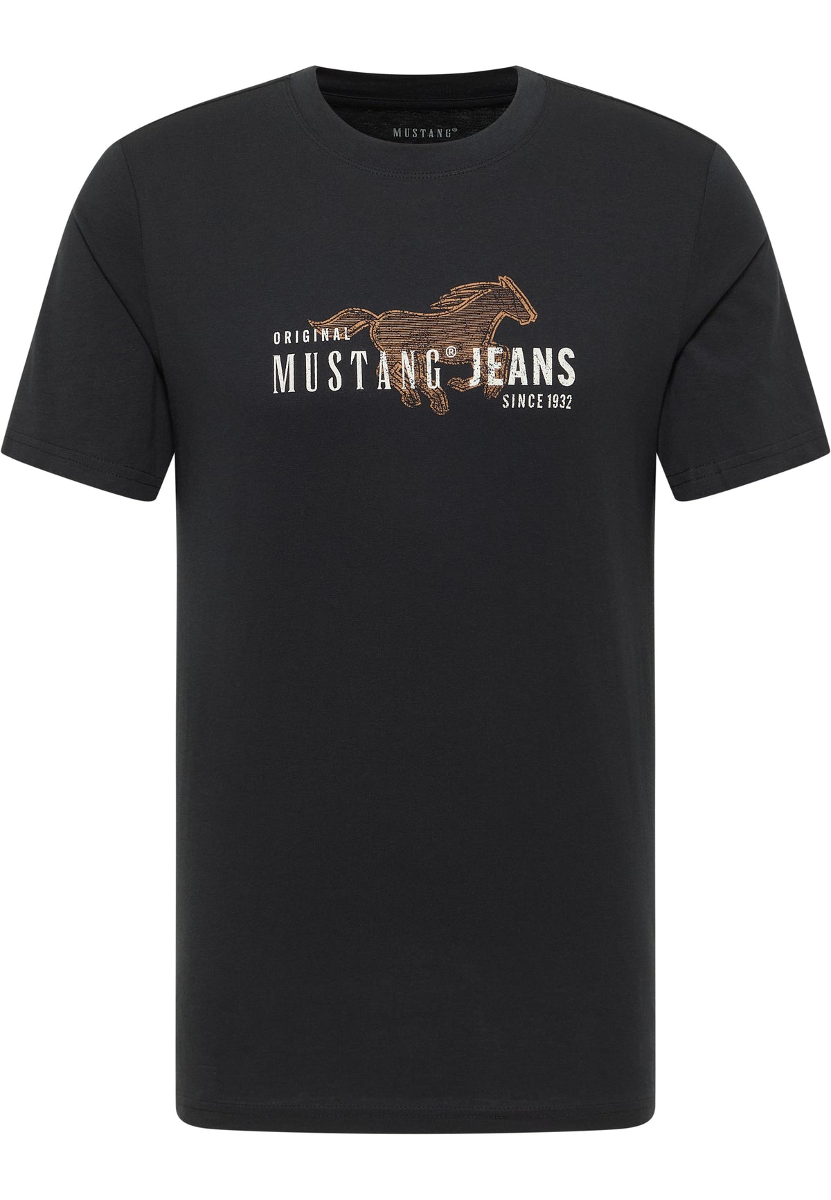 Tricou Austin negru, față, imprimeu cu cal în galop și textul „MUSTANG JEANS” pe piept