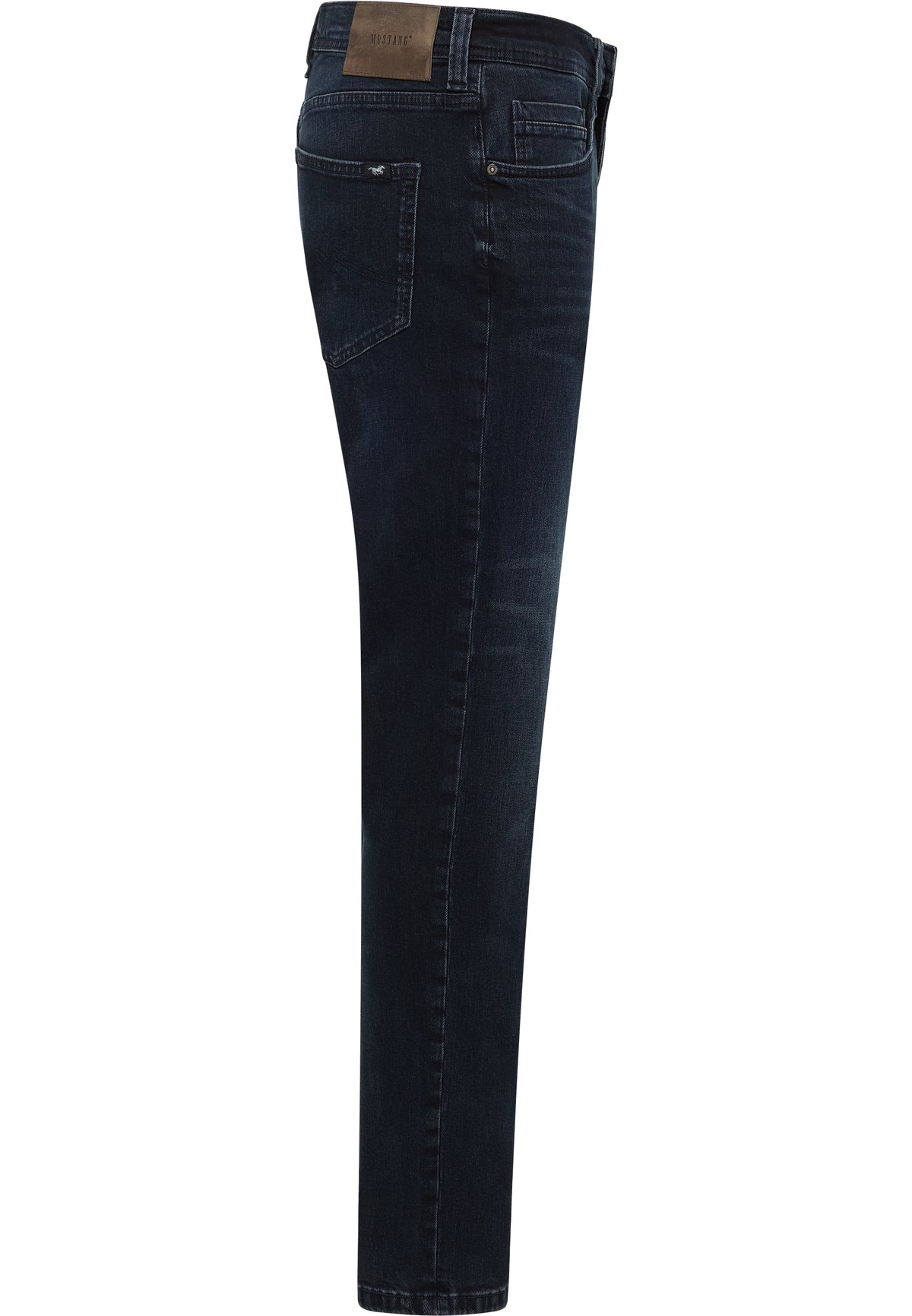 Blugi Oregon albastru foarte închis, lateral, buzunar spate cu cusătură discretă și petic la betelie