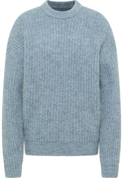 Pulover Relaxed Erin albastru, față, tricot reiat, guler rotund, croială lejeră