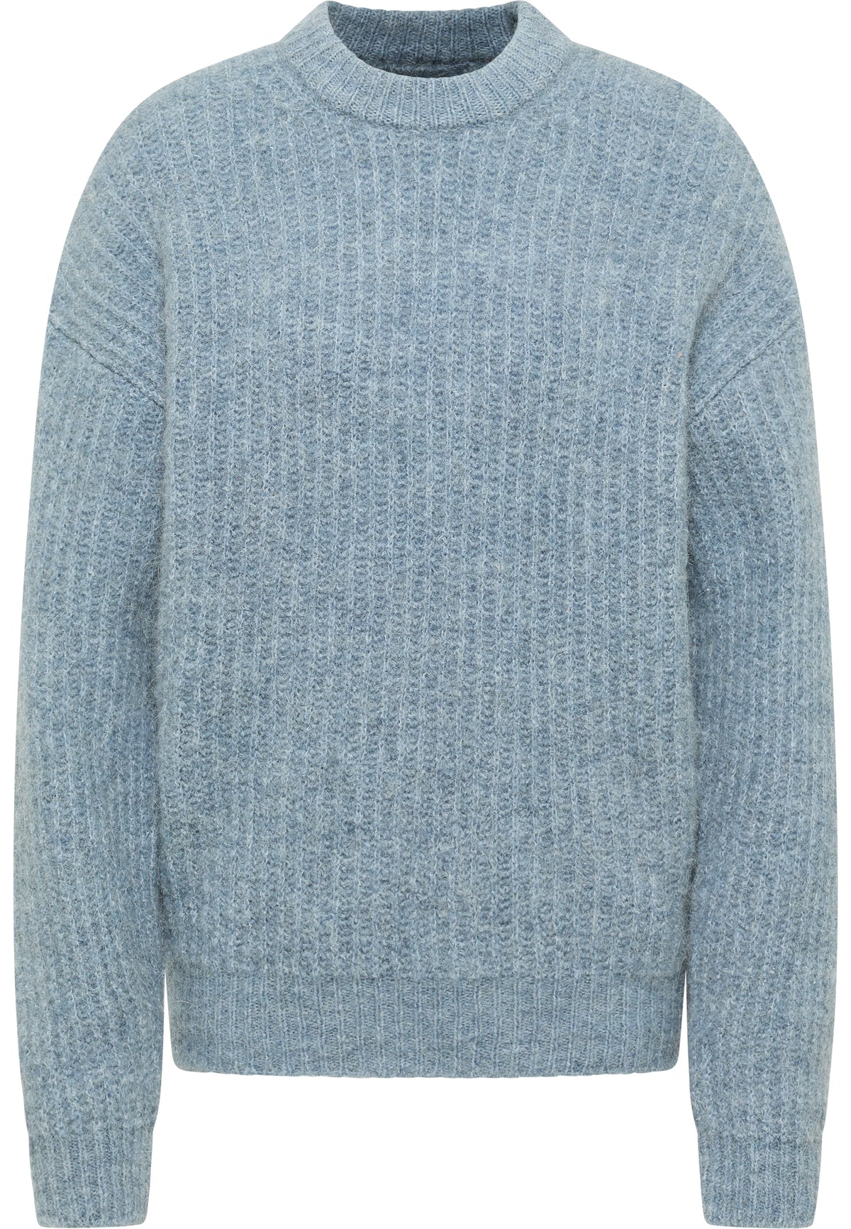 Pulover Relaxed Erin albastru, față, tricot reiat, guler rotund, croială lejeră
