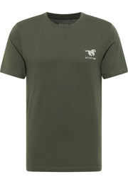 Tricou Austin verde kaki, față, imprimeu cu cal în alergare și inscripția Mustang Jeans pe piept