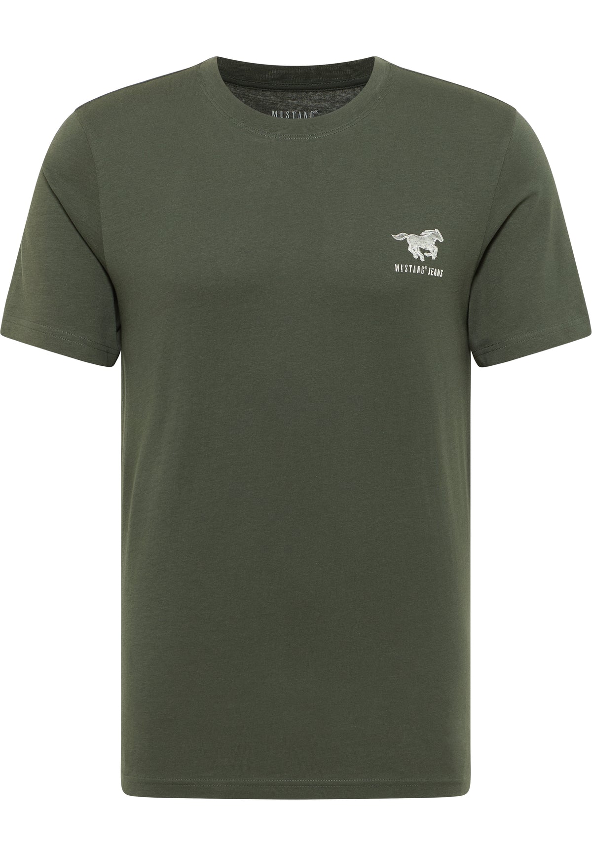 Tricou Austin verde kaki, față, imprimeu cu cal în alergare și inscripția Mustang Jeans pe piept