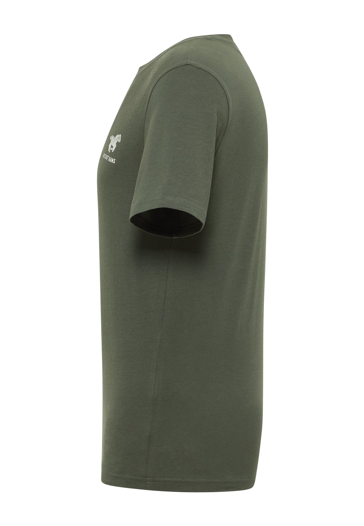 Tricou Austin verde kaki, lateral, imprimeu cu cal în alergare vizibil pe piept