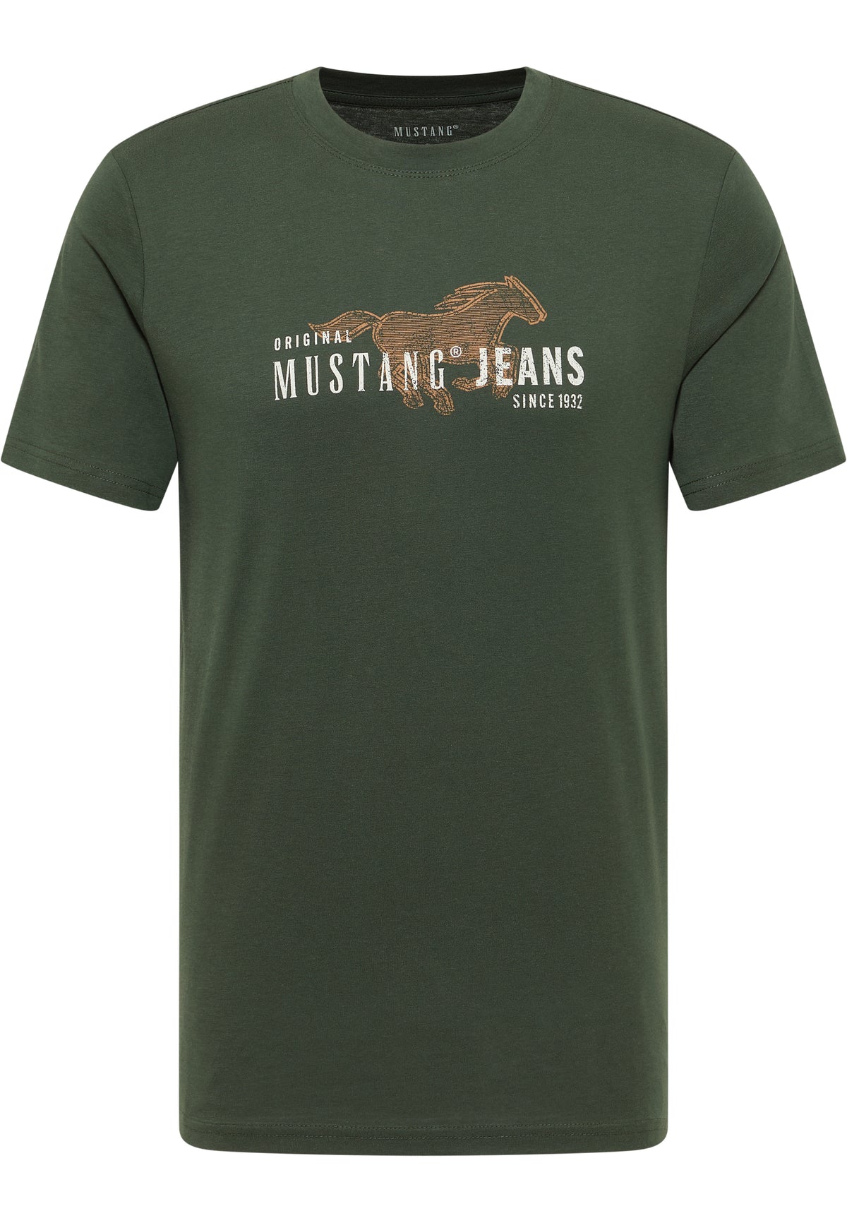 Tricou Austin verde, față, imprimeu cu cal în galop și textul „MUSTANG JEANS” pe piept