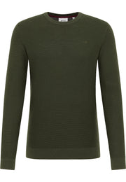 Pulover Elliot verde kaki închis, față, așezat plat, tricotaj cu striații fine orizontale, broderie cu cal
