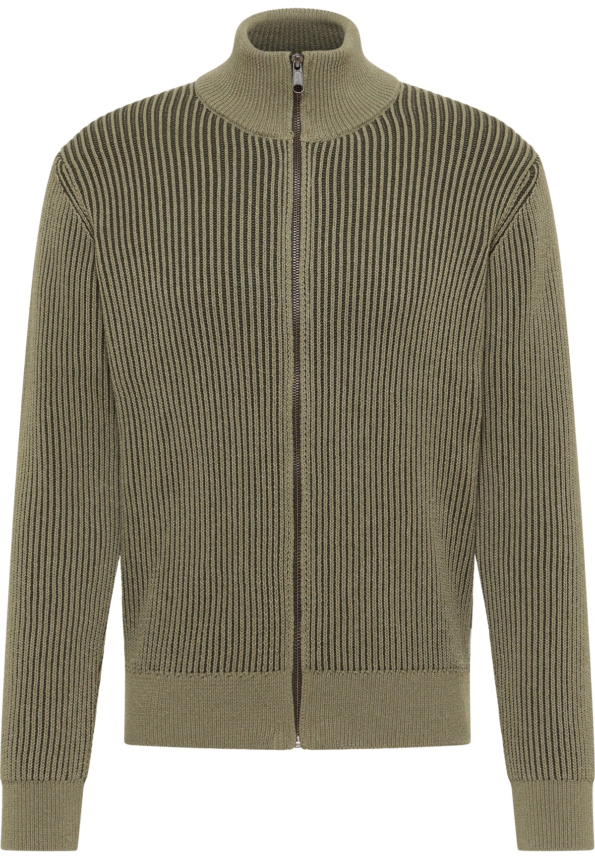 Cardigan Escondido verde, față, fermoar integral, guler înalt, tricot reiat bicolor