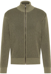 Cardigan Escondido verde, față, fermoar integral, guler înalt, tricot reiat bicolor