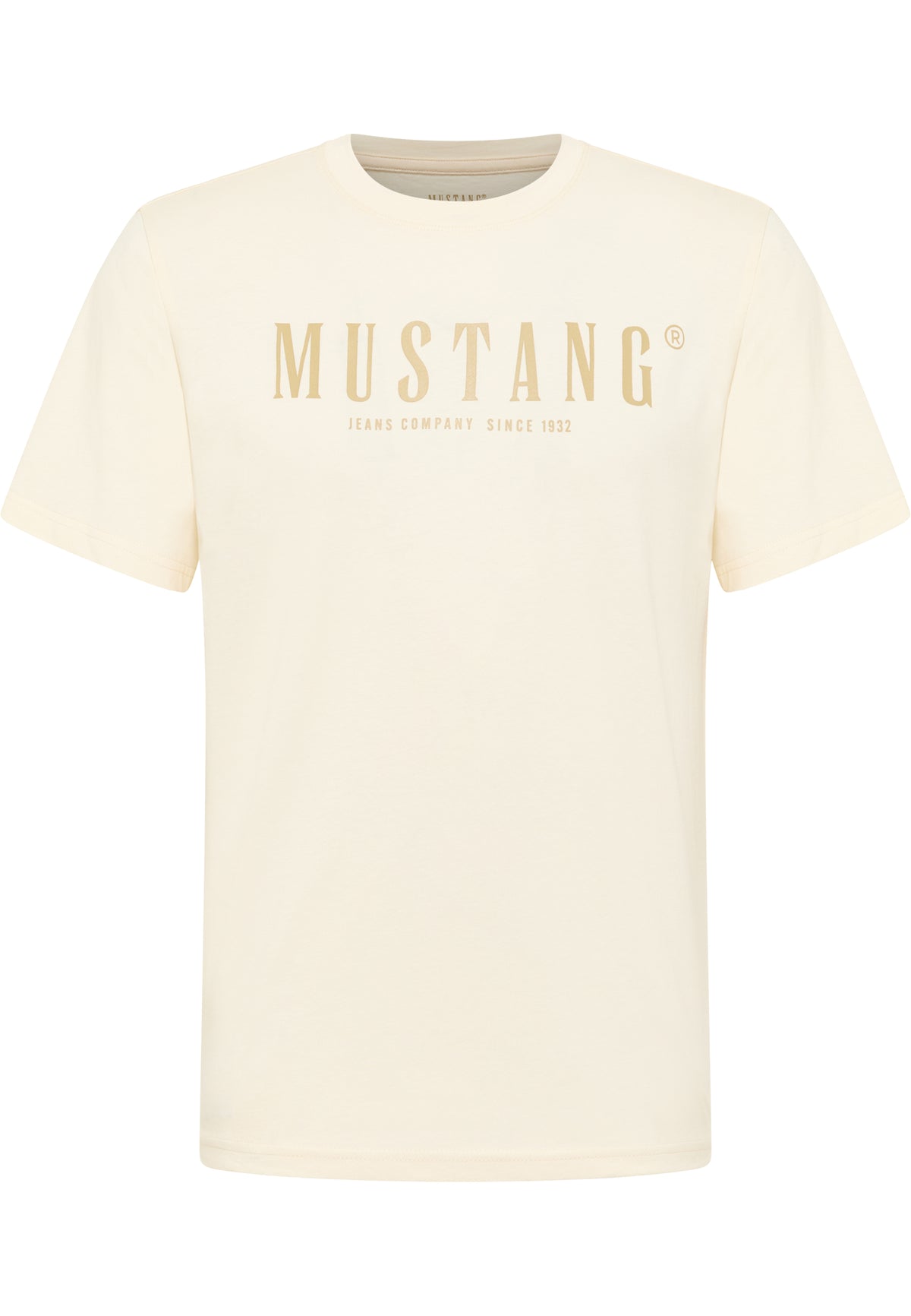 Tricou Austin alb crem, față, imprimeu mare „Mustang Jeans Company since 1932” pe piept