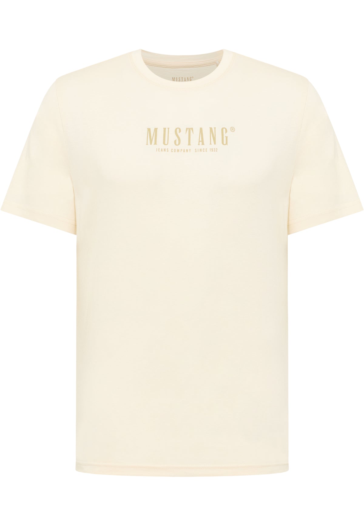 Tricou Austin alb crem, față, plan general, imprimeu Mustang Jeans Company Since 1932 pe piept
