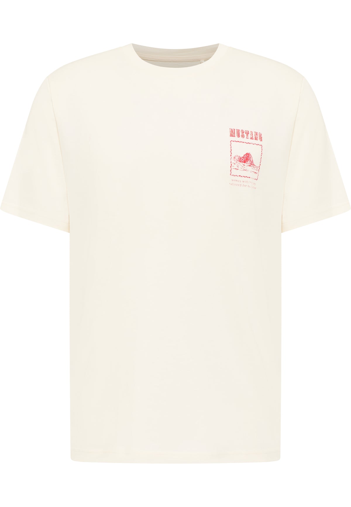 Tricou Austin alb crem, față, plan general, imprimeu mic pe piept cu ilustrație stâncă și textul Mustang