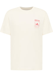 Tricou Austin alb crem, față, plan general, imprimeu mic pe piept cu ilustrație stâncă și textul Mustang