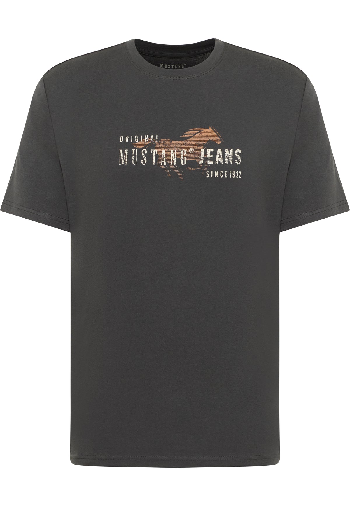 Tricou Austin gri antracit, față, imprimeu pe piept „Original Mustang Jeans Since 1932” cu cal maro
