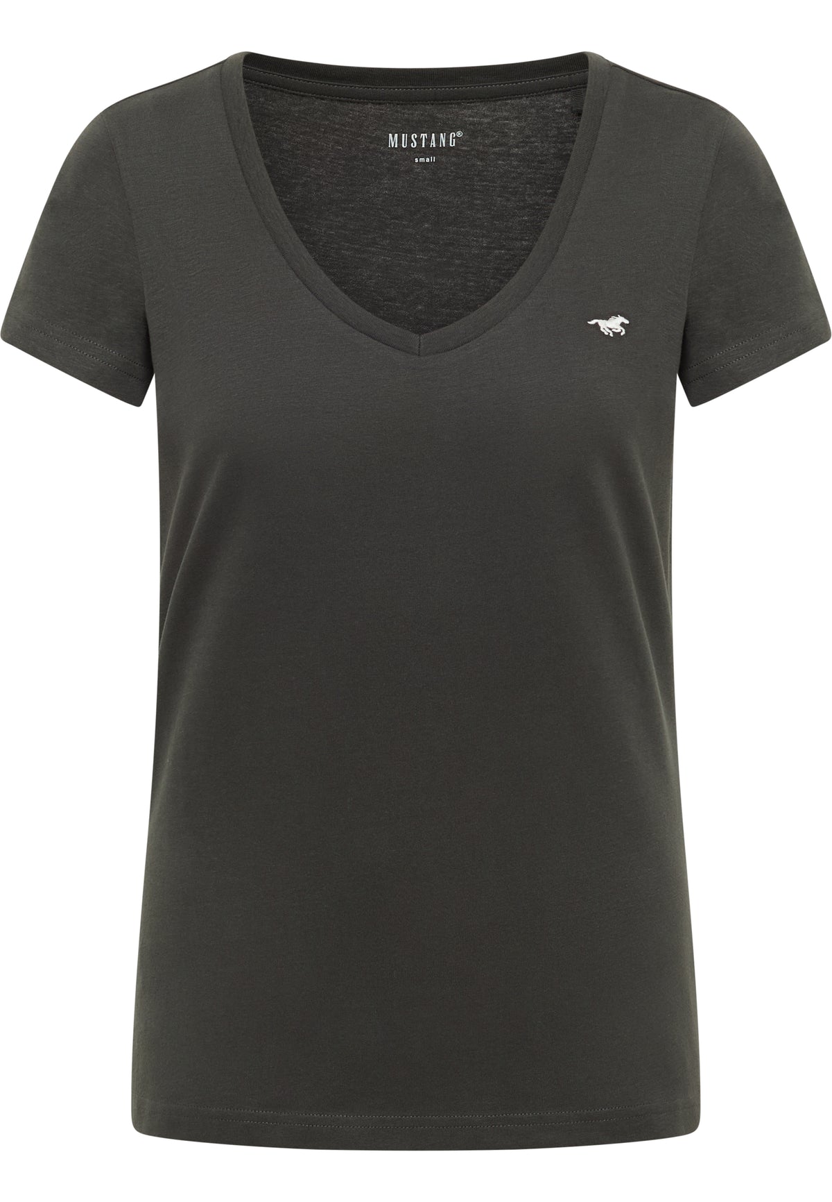 Tricou Beverly gri antracit, față, decolteu în V cu siglă brodată cu cal pe piept