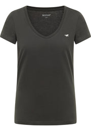 Tricou Beverly gri antracit, față, decolteu în V cu siglă brodată cu cal pe piept
