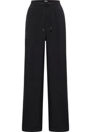 Pantaloni Mirabelle negru, față, betelie elastică cu șnur și croi larg evazat