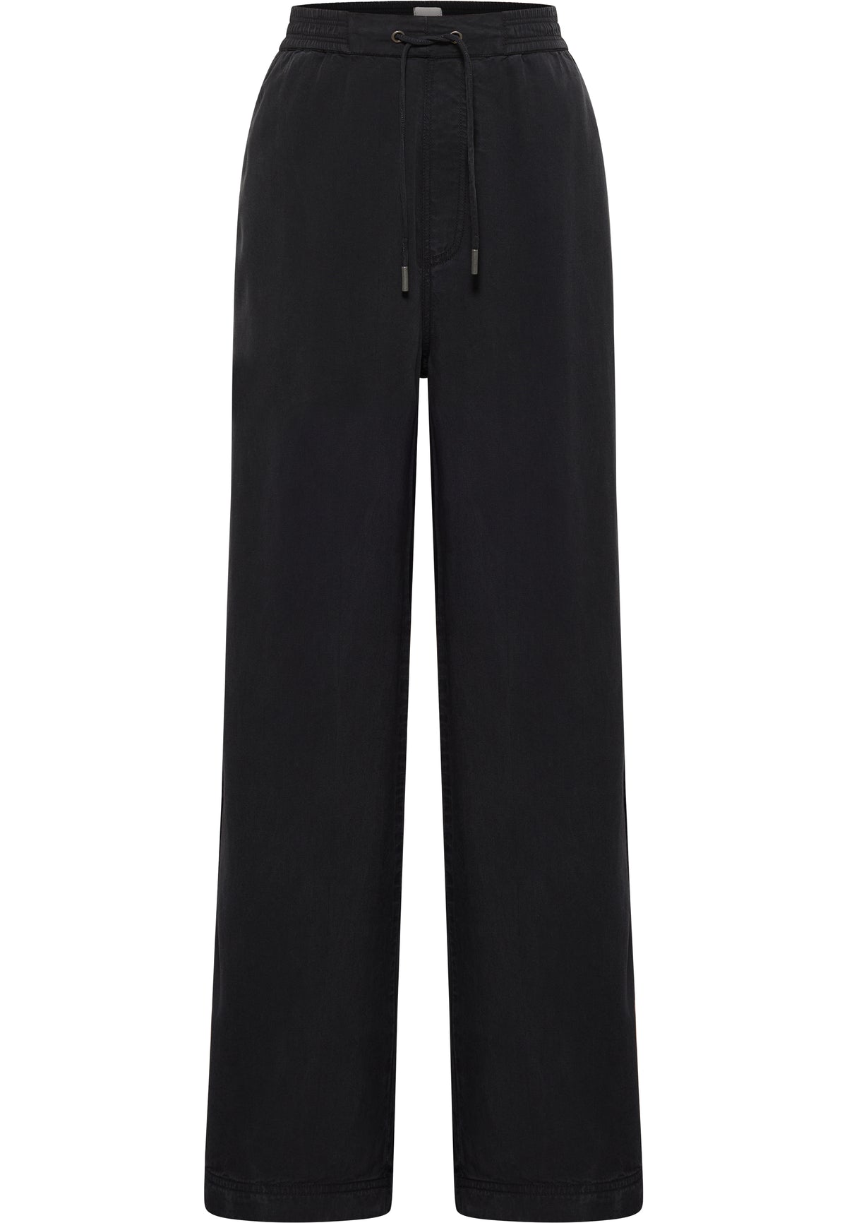 Pantaloni Mirabelle negru, față, betelie elastică cu șnur și croi larg evazat