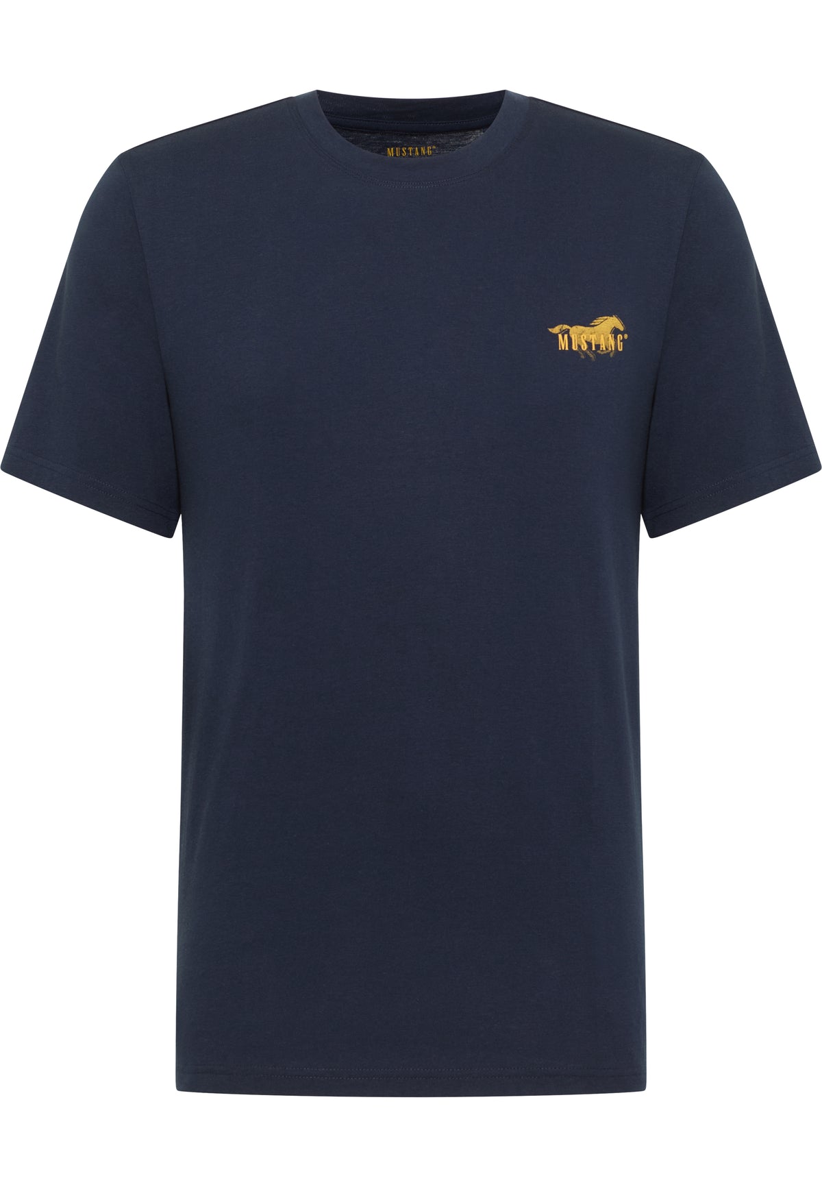 Tricou Austin albastru închis, față, imprimeu auriu cu cal în alergare și inscripția Mustang pe piept