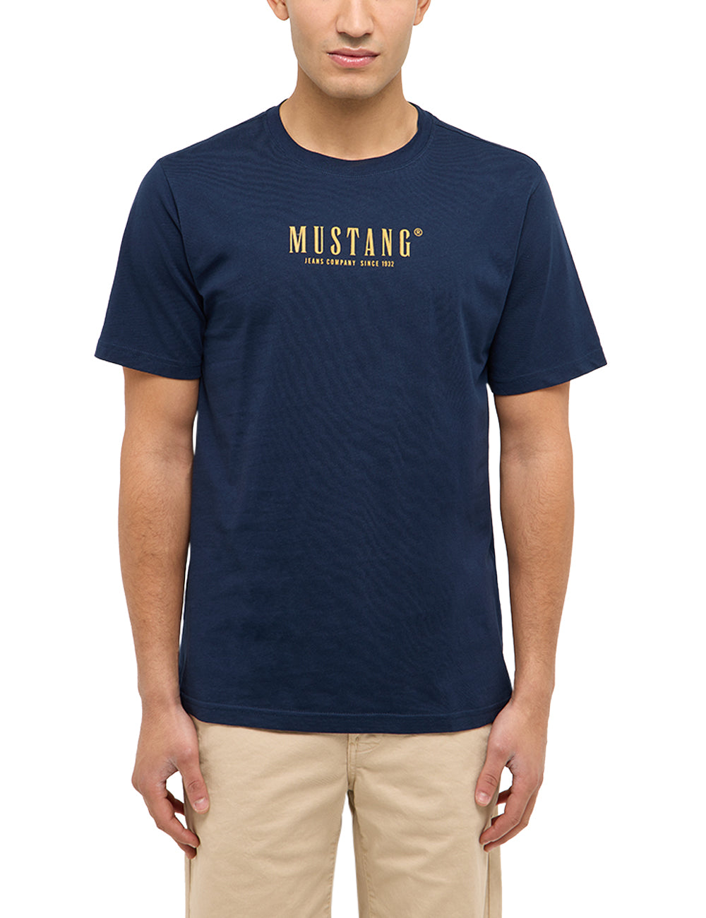 Tricou Austin albastru bleumarin, față, prim-plan, imprimeu Mustang Jeans Company Since 1932 pe piept